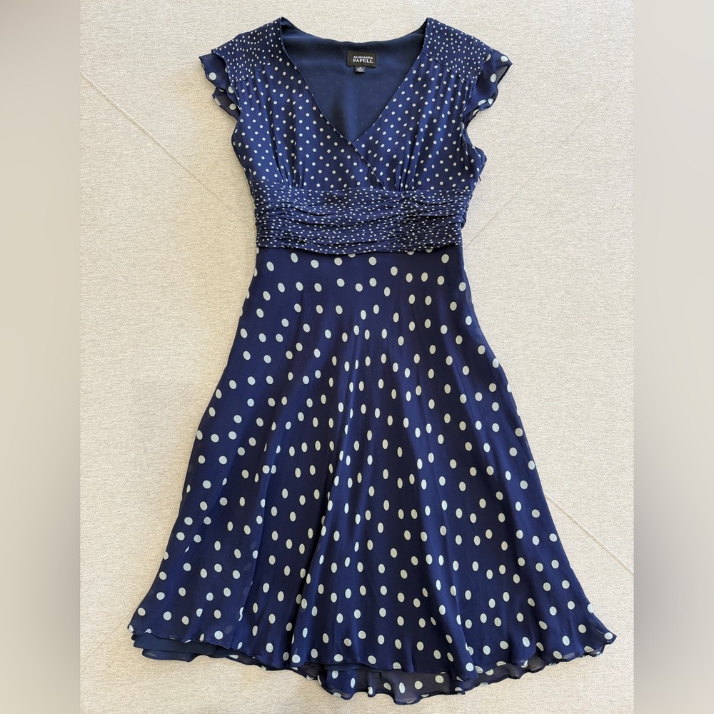 Adrianna Papell Silk Navy and White Polka Dot V-Neck Dress